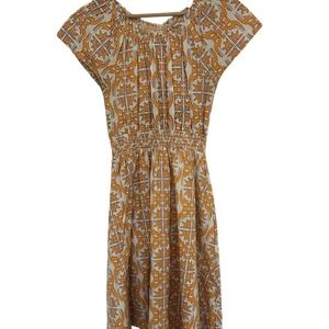 Mata Traders Orange Geometric Smocked Waist Gauze Midi Dress Size S